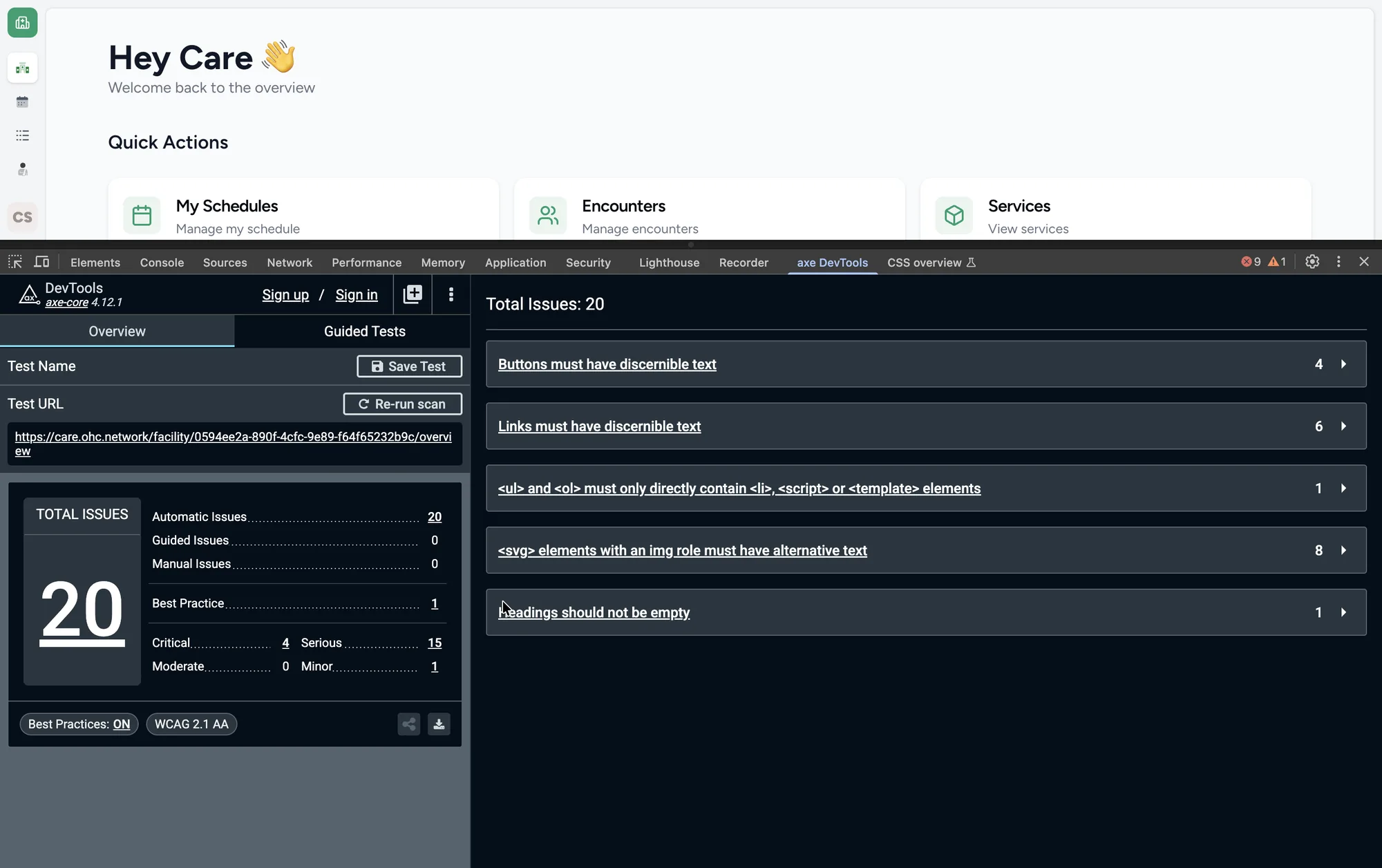 An axe DevTools scan of a CARE page listing multiple accessibility issues