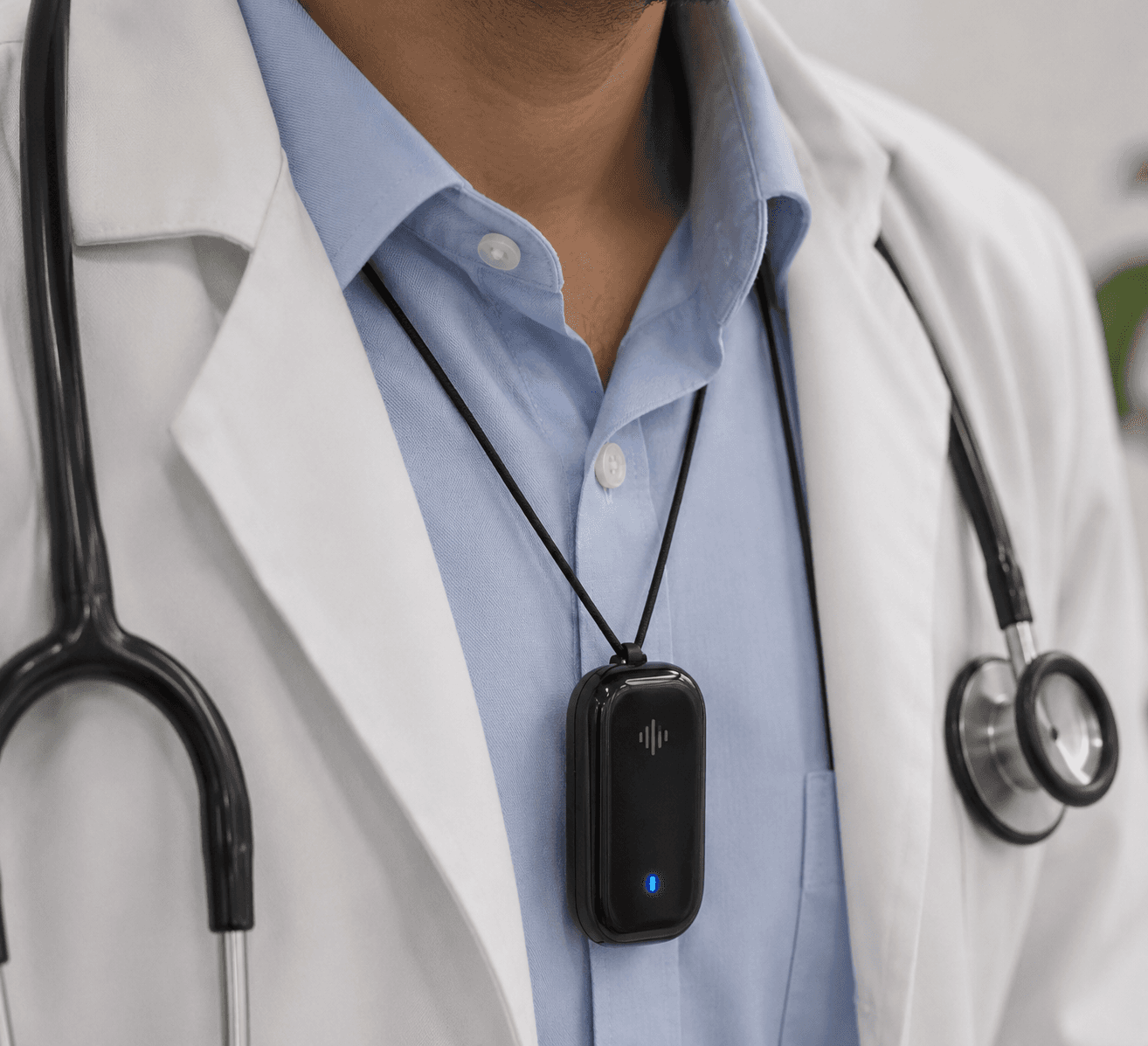 Concept visual: a doctor wearing an imagined pendant microphone device